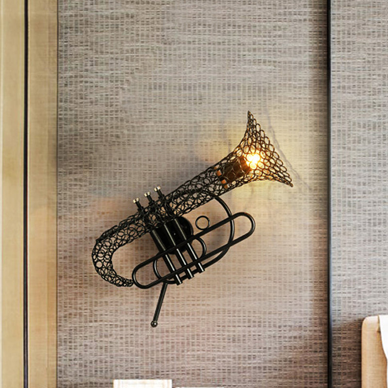 1 Light Saxophone Wall Sconce Lighting with Mesh Shade Vintage Black/Brass Iron Wall Mount Lamp for Bedroom Clearhalo 'Art deco wall lights' 'Cast Iron' 'Glass' 'Industrial wall lights' 'Industrial' 'Middle century wall lights' 'Modern' 'Rustic wall lights' 'Tiffany' 'Traditional wall lights' 'Wall Lamps & Sconces' 'Wall Lights' Lighting' 612772