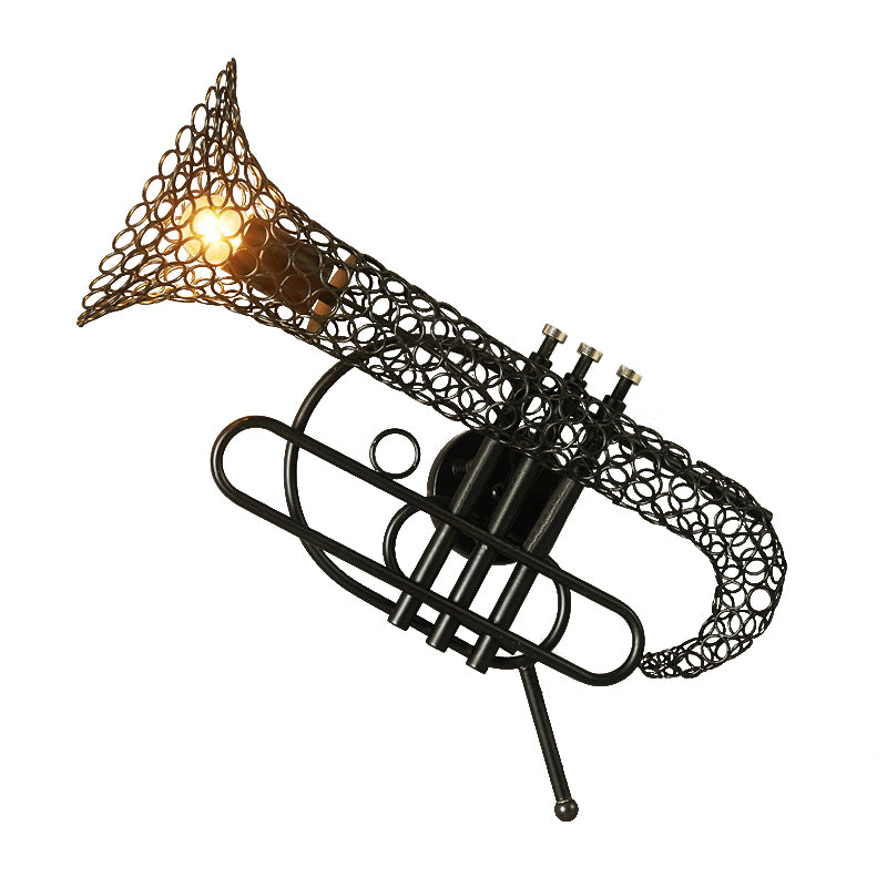 1 Light Saxophone Wall Sconce Lighting with Mesh Shade Vintage Black/Brass Iron Wall Mount Lamp for Bedroom Clearhalo 'Art deco wall lights' 'Cast Iron' 'Glass' 'Industrial wall lights' 'Industrial' 'Middle century wall lights' 'Modern' 'Rustic wall lights' 'Tiffany' 'Traditional wall lights' 'Wall Lamps & Sconces' 'Wall Lights' Lighting' 612773