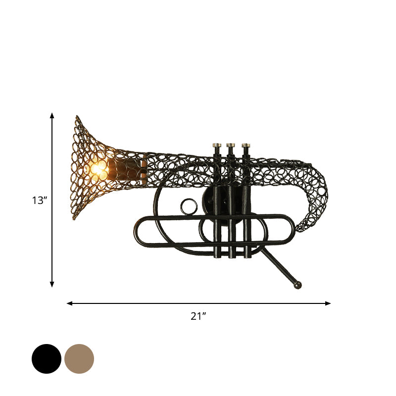 1 Light Saxophone Wall Sconce Lighting with Mesh Shade Vintage Black/Brass Iron Wall Mount Lamp for Bedroom Clearhalo 'Art deco wall lights' 'Cast Iron' 'Glass' 'Industrial wall lights' 'Industrial' 'Middle century wall lights' 'Modern' 'Rustic wall lights' 'Tiffany' 'Traditional wall lights' 'Wall Lamps & Sconces' 'Wall Lights' Lighting' 612774
