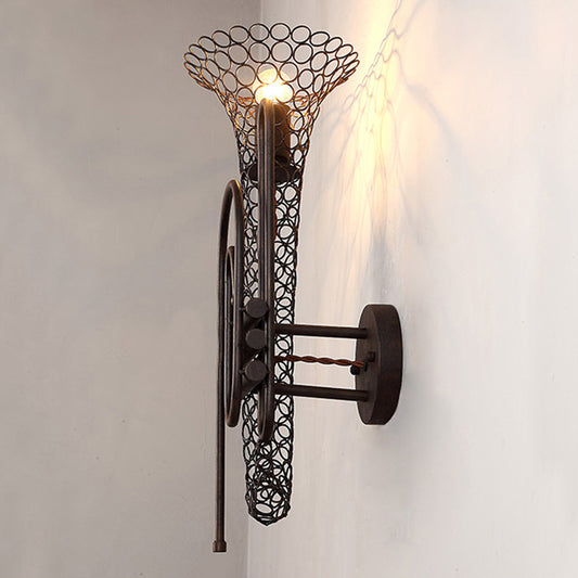 1 Light Saxophone Wall Sconce Lighting with Mesh Shade Vintage Black/Brass Iron Wall Mount Lamp for Bedroom Black Clearhalo 'Art deco wall lights' 'Cast Iron' 'Glass' 'Industrial wall lights' 'Industrial' 'Middle century wall lights' 'Modern' 'Rustic wall lights' 'Tiffany' 'Traditional wall lights' 'Wall Lamps & Sconces' 'Wall Lights' Lighting' 612775