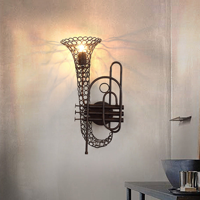 1 Light Saxophone Wall Sconce Lighting with Mesh Shade Vintage Black/Brass Iron Wall Mount Lamp for Bedroom Clearhalo 'Art deco wall lights' 'Cast Iron' 'Glass' 'Industrial wall lights' 'Industrial' 'Middle century wall lights' 'Modern' 'Rustic wall lights' 'Tiffany' 'Traditional wall lights' 'Wall Lamps & Sconces' 'Wall Lights' Lighting' 612777