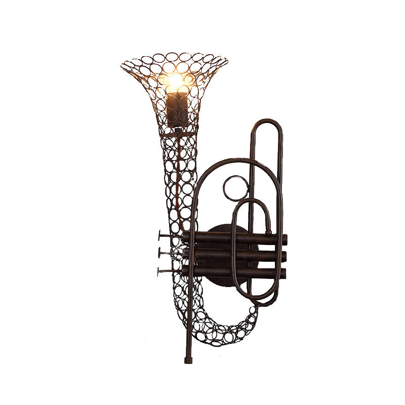 1 Light Saxophone Wall Sconce Lighting with Mesh Shade Vintage Black/Brass Iron Wall Mount Lamp for Bedroom Clearhalo 'Art deco wall lights' 'Cast Iron' 'Glass' 'Industrial wall lights' 'Industrial' 'Middle century wall lights' 'Modern' 'Rustic wall lights' 'Tiffany' 'Traditional wall lights' 'Wall Lamps & Sconces' 'Wall Lights' Lighting' 612778