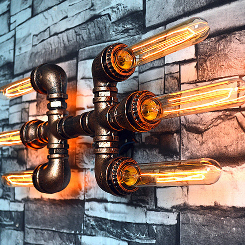 2/3/4 Heads Expose Bulb Wall Lighting with Pipe Design Rustic Weathered Copper Wrought Iron Wall Sconce Lamp Clearhalo 'Art deco wall lights' 'Cast Iron' 'Glass' 'Industrial wall lights' 'Industrial' 'Middle century wall lights' 'Modern' 'Rustic wall lights' 'Tiffany' 'Traditional wall lights' 'Wall Lamps & Sconces' 'Wall Lights' Lighting' 612816