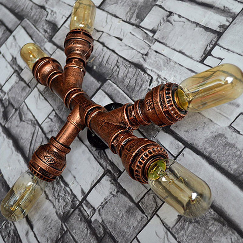 2/3/4 Heads Expose Bulb Wall Lighting with Pipe Design Rustic Weathered Copper Wrought Iron Wall Sconce Lamp Clearhalo 'Art deco wall lights' 'Cast Iron' 'Glass' 'Industrial wall lights' 'Industrial' 'Middle century wall lights' 'Modern' 'Rustic wall lights' 'Tiffany' 'Traditional wall lights' 'Wall Lamps & Sconces' 'Wall Lights' Lighting' 612820