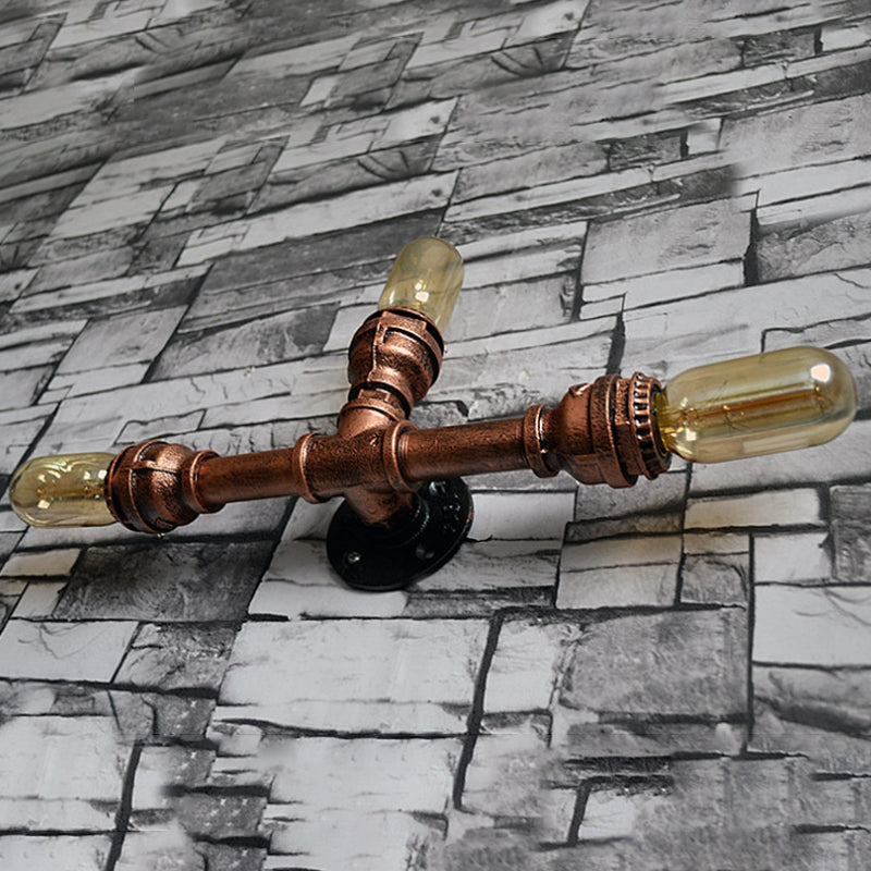 2/3/4 Heads Expose Bulb Wall Lighting with Pipe Design Rustic Weathered Copper Wrought Iron Wall Sconce Lamp Clearhalo 'Art deco wall lights' 'Cast Iron' 'Glass' 'Industrial wall lights' 'Industrial' 'Middle century wall lights' 'Modern' 'Rustic wall lights' 'Tiffany' 'Traditional wall lights' 'Wall Lamps & Sconces' 'Wall Lights' Lighting' 612830