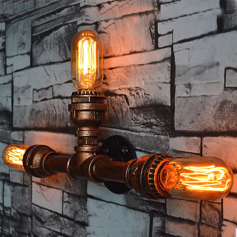 2/3/4 Heads Expose Bulb Wall Lighting with Pipe Design Rustic Weathered Copper Wrought Iron Wall Sconce Lamp Clearhalo 'Art deco wall lights' 'Cast Iron' 'Glass' 'Industrial wall lights' 'Industrial' 'Middle century wall lights' 'Modern' 'Rustic wall lights' 'Tiffany' 'Traditional wall lights' 'Wall Lamps & Sconces' 'Wall Lights' Lighting' 612831