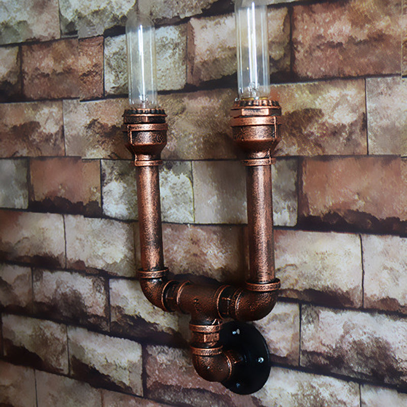 2/3/4 Heads Expose Bulb Wall Lighting with Pipe Design Rustic Weathered Copper Wrought Iron Wall Sconce Lamp Clearhalo 'Art deco wall lights' 'Cast Iron' 'Glass' 'Industrial wall lights' 'Industrial' 'Middle century wall lights' 'Modern' 'Rustic wall lights' 'Tiffany' 'Traditional wall lights' 'Wall Lamps & Sconces' 'Wall Lights' Lighting' 612836