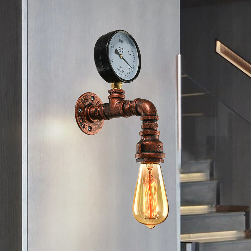 Copper Piped Wall Lamp with Gauge/Valve Decoration Rustic Style Metal 1 Light Living Room Wall Mount Light Copper Gauge Clearhalo 'Art deco wall lights' 'Cast Iron' 'Glass' 'Industrial wall lights' 'Industrial' 'Middle century wall lights' 'Modern' 'Rustic wall lights' 'Tiffany' 'Traditional wall lights' 'Wall Lamps & Sconces' 'Wall Lights' Lighting' 612869