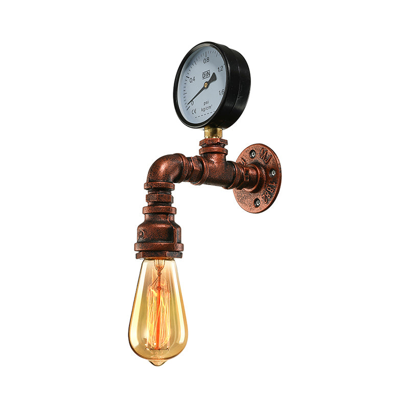 Copper Piped Wall Lamp with Gauge/Valve Decoration Rustic Style Metal 1 Light Living Room Wall Mount Light Clearhalo 'Art deco wall lights' 'Cast Iron' 'Glass' 'Industrial wall lights' 'Industrial' 'Middle century wall lights' 'Modern' 'Rustic wall lights' 'Tiffany' 'Traditional wall lights' 'Wall Lamps & Sconces' 'Wall Lights' Lighting' 612871