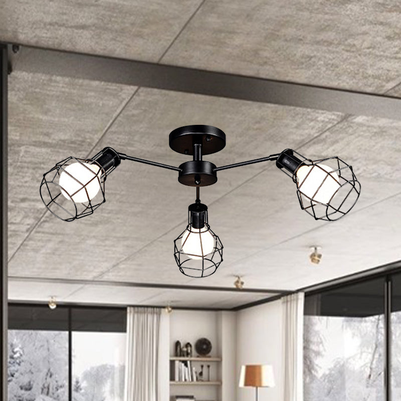 Global Metal Semi Mount Lighting with Wire Frame Vintage 3/5/8 Heads Bedroom Adjustable Ceiling Mounted Light in Black 3 Black Clearhalo 'Ceiling Lights' 'Close To Ceiling Lights' 'Close to ceiling' 'Semi-flushmount' Lighting' 612879