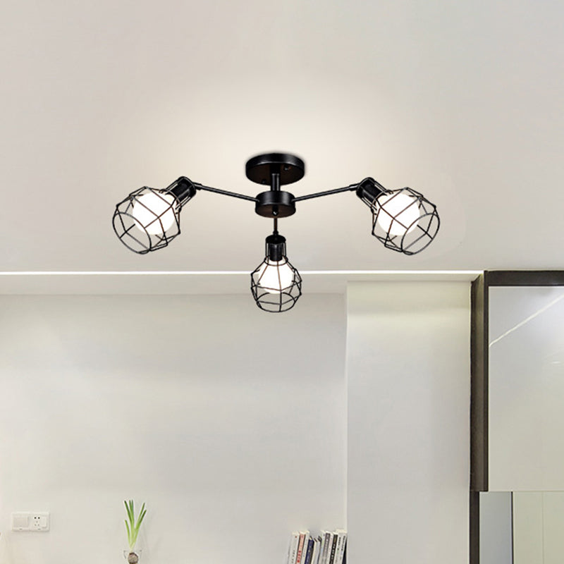 Global Metal Semi Mount Lighting with Wire Frame Vintage 3/5/8 Heads Bedroom Adjustable Ceiling Mounted Light in Black Clearhalo 'Ceiling Lights' 'Close To Ceiling Lights' 'Close to ceiling' 'Semi-flushmount' Lighting' 612880