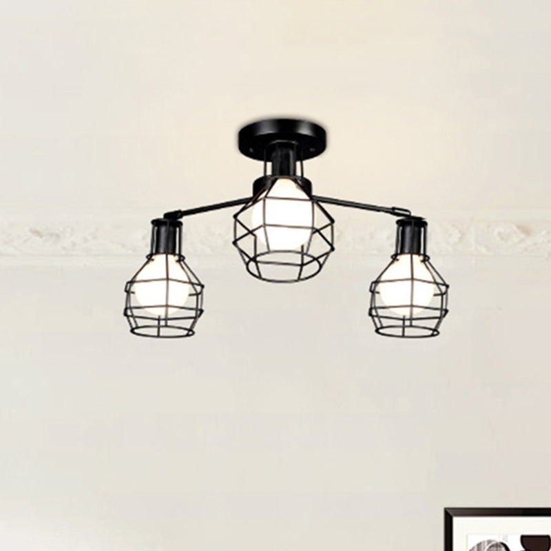 Global Metal Semi Mount Lighting with Wire Frame Vintage 3/5/8 Heads Bedroom Adjustable Ceiling Mounted Light in Black Clearhalo 'Ceiling Lights' 'Close To Ceiling Lights' 'Close to ceiling' 'Semi-flushmount' Lighting' 612881