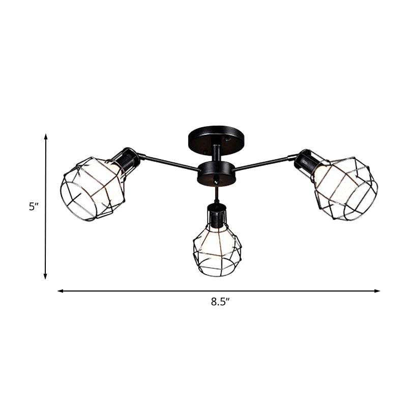 Global Metal Semi Mount Lighting with Wire Frame Vintage 3/5/8 Heads Bedroom Adjustable Ceiling Mounted Light in Black Clearhalo 'Ceiling Lights' 'Close To Ceiling Lights' 'Close to ceiling' 'Semi-flushmount' Lighting' 612883