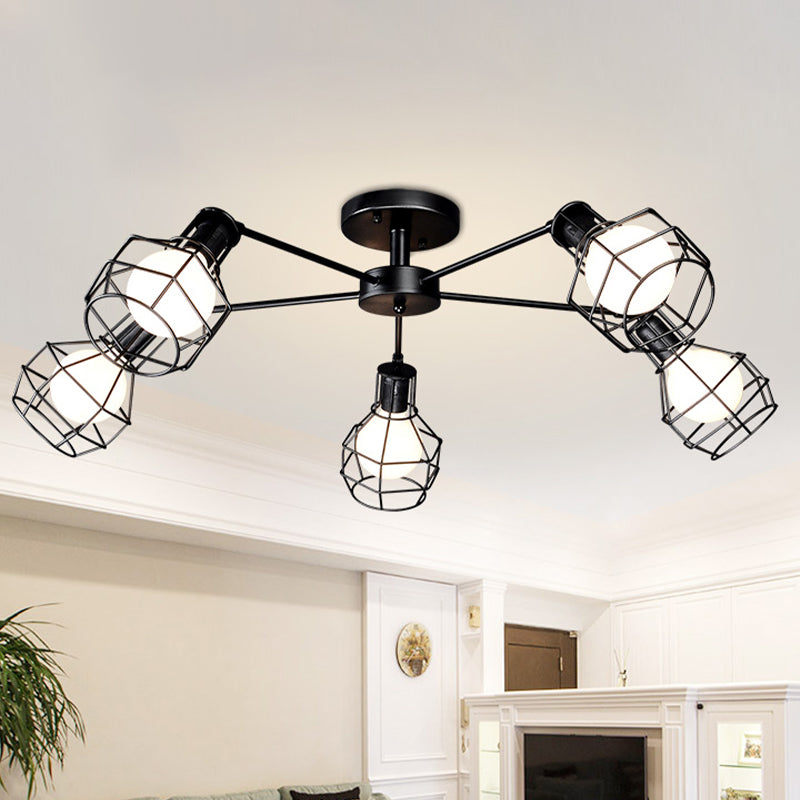 Global Metal Semi Mount Lighting with Wire Frame Vintage 3/5/8 Heads Bedroom Adjustable Ceiling Mounted Light in Black 5 Black Clearhalo 'Ceiling Lights' 'Close To Ceiling Lights' 'Close to ceiling' 'Semi-flushmount' Lighting' 612884