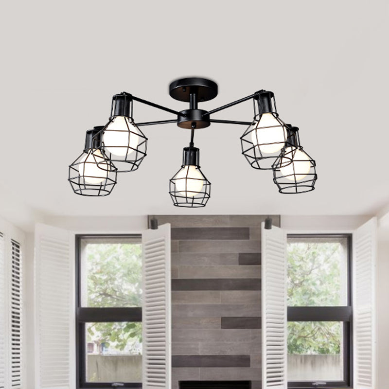 Global Metal Semi Mount Lighting with Wire Frame Vintage 3/5/8 Heads Bedroom Adjustable Ceiling Mounted Light in Black Clearhalo 'Ceiling Lights' 'Close To Ceiling Lights' 'Close to ceiling' 'Semi-flushmount' Lighting' 612885