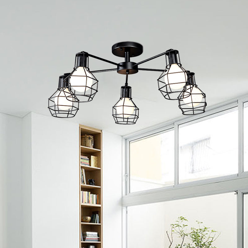 Global Metal Semi Mount Lighting with Wire Frame Vintage 3/5/8 Heads Bedroom Adjustable Ceiling Mounted Light in Black Clearhalo 'Ceiling Lights' 'Close To Ceiling Lights' 'Close to ceiling' 'Semi-flushmount' Lighting' 612886