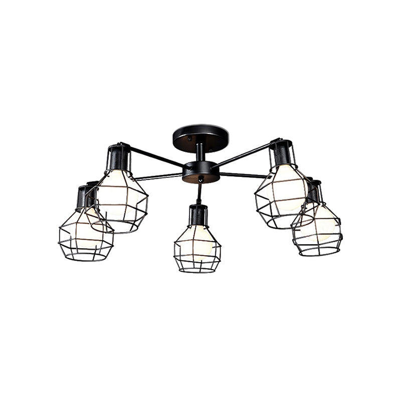Global Metal Semi Mount Lighting with Wire Frame Vintage 3/5/8 Heads Bedroom Adjustable Ceiling Mounted Light in Black Clearhalo 'Ceiling Lights' 'Close To Ceiling Lights' 'Close to ceiling' 'Semi-flushmount' Lighting' 612887