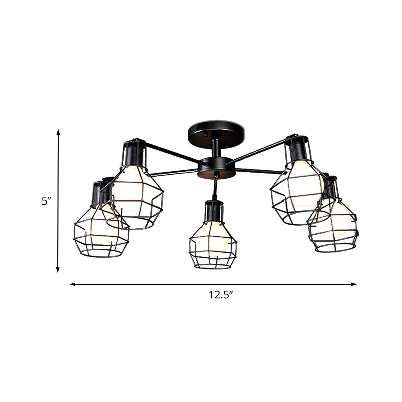Global Metal Semi Mount Lighting with Wire Frame Vintage 3/5/8 Heads Bedroom Adjustable Ceiling Mounted Light in Black Clearhalo 'Ceiling Lights' 'Close To Ceiling Lights' 'Close to ceiling' 'Semi-flushmount' Lighting' 612888