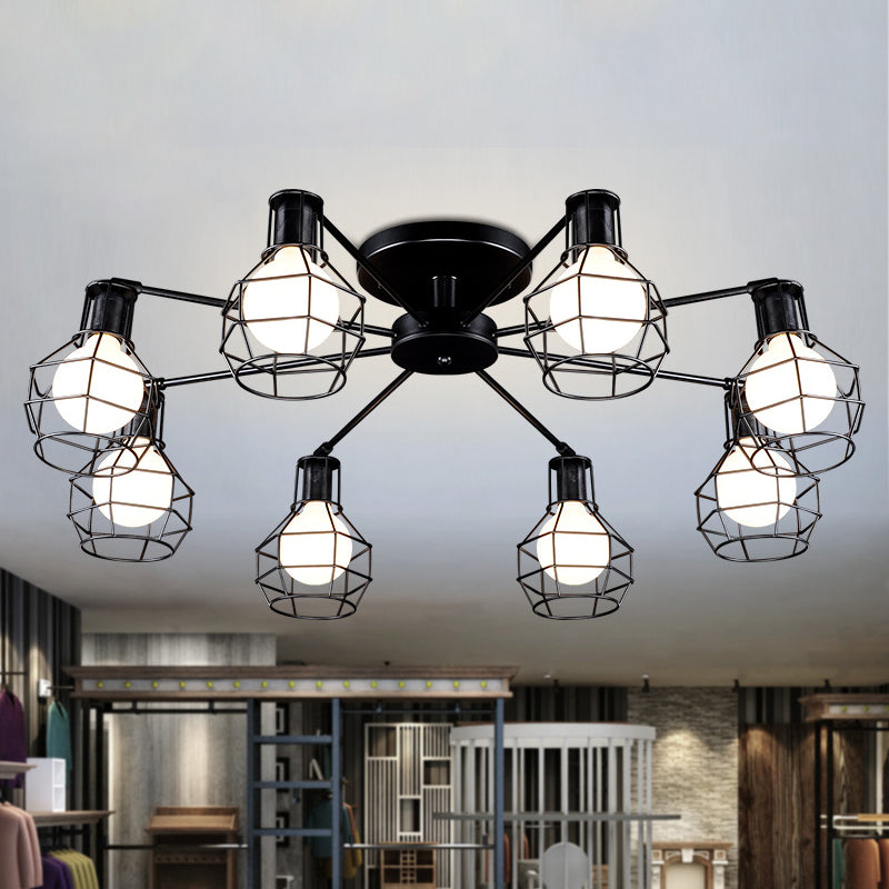 Global Metal Semi Mount Lighting with Wire Frame Vintage 3/5/8 Heads Bedroom Adjustable Ceiling Mounted Light in Black 8 Black Clearhalo 'Ceiling Lights' 'Close To Ceiling Lights' 'Close to ceiling' 'Semi-flushmount' Lighting' 612889