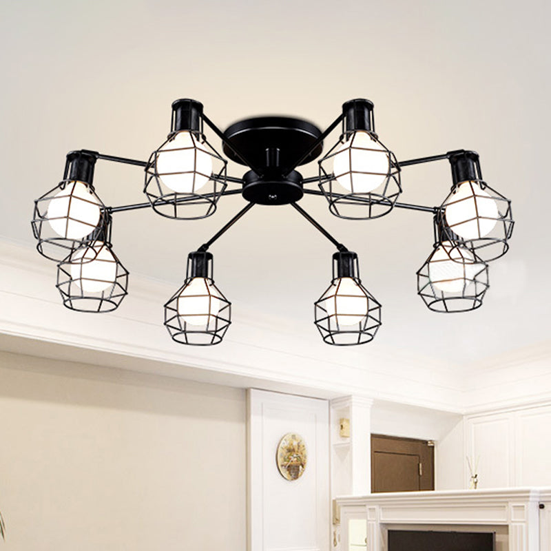Global Metal Semi Mount Lighting with Wire Frame Vintage 3/5/8 Heads Bedroom Adjustable Ceiling Mounted Light in Black Clearhalo 'Ceiling Lights' 'Close To Ceiling Lights' 'Close to ceiling' 'Semi-flushmount' Lighting' 612890