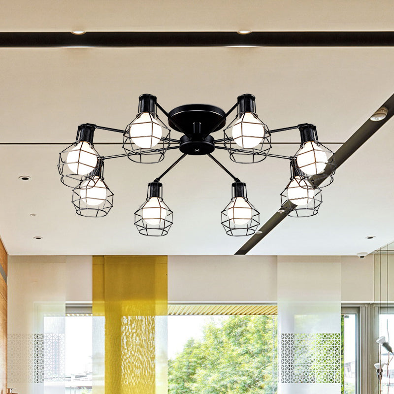 Global Metal Semi Mount Lighting with Wire Frame Vintage 3/5/8 Heads Bedroom Adjustable Ceiling Mounted Light in Black Clearhalo 'Ceiling Lights' 'Close To Ceiling Lights' 'Close to ceiling' 'Semi-flushmount' Lighting' 612891