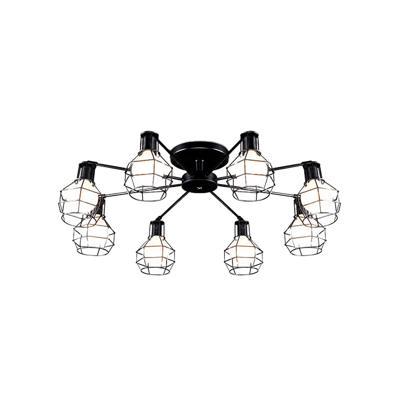Global Metal Semi Mount Lighting with Wire Frame Vintage 3/5/8 Heads Bedroom Adjustable Ceiling Mounted Light in Black Clearhalo 'Ceiling Lights' 'Close To Ceiling Lights' 'Close to ceiling' 'Semi-flushmount' Lighting' 612892