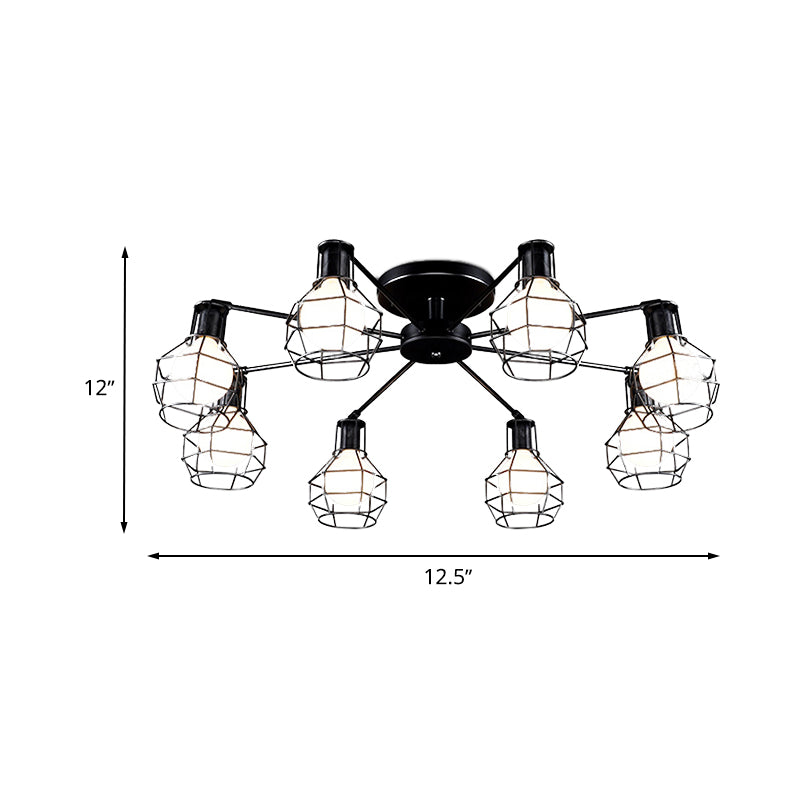 Global Metal Semi Mount Lighting with Wire Frame Vintage 3/5/8 Heads Bedroom Adjustable Ceiling Mounted Light in Black Clearhalo 'Ceiling Lights' 'Close To Ceiling Lights' 'Close to ceiling' 'Semi-flushmount' Lighting' 612893