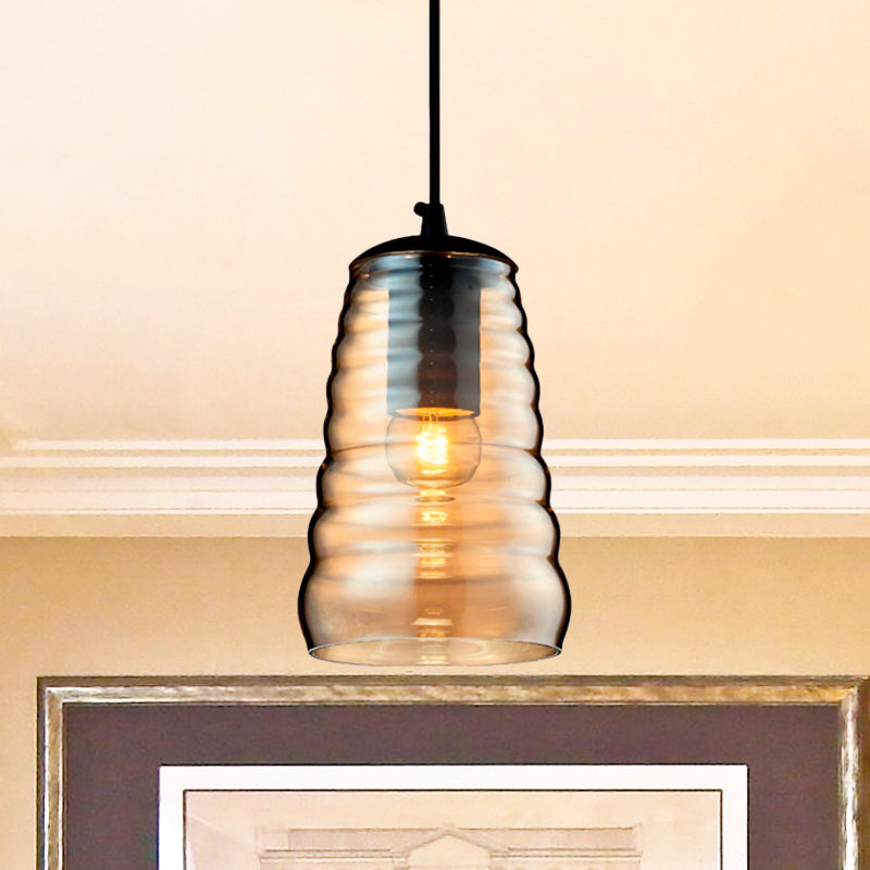 Bowl/Cylindrical/Saucer Shape Pendant Lamp Modernist Clear/Amber Ruffle Glass Black Hanging Light Fixture Clearhalo 'Ceiling Lights' 'Glass shade' 'Glass' 'Modern Pendants' 'Modern' 'Pendant Lights' 'Pendants' Lighting' 612984