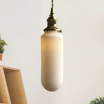 Ellipsoidal/Cylinder/Global Dining Room Pendant Lamp Ribbed Glass 1 Light Modern Hanging Light Kit in Ivory Ivory Ellipsoidal Clearhalo 'Ceiling Lights' 'Glass shade' 'Glass' 'Modern Pendants' 'Modern' 'Pendant Lights' 'Pendants' Lighting' 613020