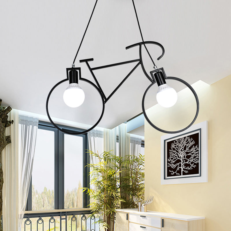 2 Bulbs Metal Pendant Light Fixture Industrial Style Black/White Bicycle Indoor Hanging Lamp with Wire Frame Clearhalo 'Art Deco Pendants' 'Black' 'Cast Iron' 'Ceiling Lights' 'Ceramic' 'Crystal' 'Industrial Pendants' 'Industrial' 'Metal' 'Middle Century Pendants' 'Pendant Lights' 'Pendants' 'Rustic Pendants' 'Tiffany' Lighting' 613032