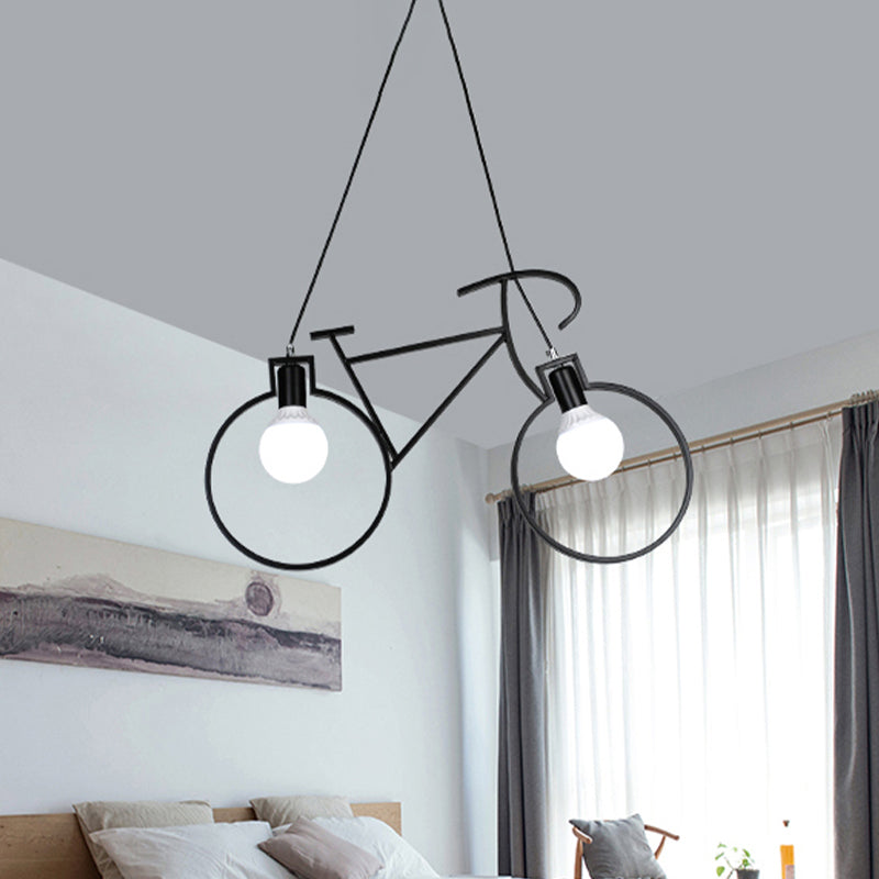 2 Bulbs Metal Pendant Light Fixture Industrial Style Black/White Bicycle Indoor Hanging Lamp with Wire Frame Clearhalo 'Art Deco Pendants' 'Black' 'Cast Iron' 'Ceiling Lights' 'Ceramic' 'Crystal' 'Industrial Pendants' 'Industrial' 'Metal' 'Middle Century Pendants' 'Pendant Lights' 'Pendants' 'Rustic Pendants' 'Tiffany' Lighting' 613033