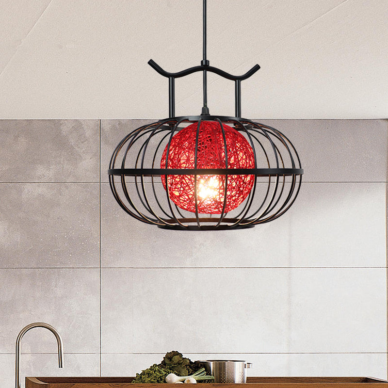 Metal Pumpkin Cage Hanging Pendant Light with Inner Rattan Ball Shade Asian Style 1 Light Suspension Lamp in Red/Yellow Clearhalo 'Ceiling Lights' 'Modern Pendants' 'Modern' 'Pendant Lights' 'Pendants' Lighting' 613090