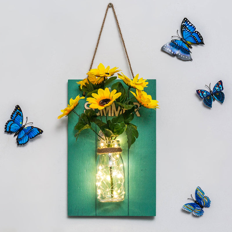 Clear Bottle Led Wall Sconce with Plant Decoration Rustic Wall Mount Light in Teal Aqua Sunflower Clearhalo 'Wall Lamps & Sconces' 'Wall Lights' Lighting' 613412