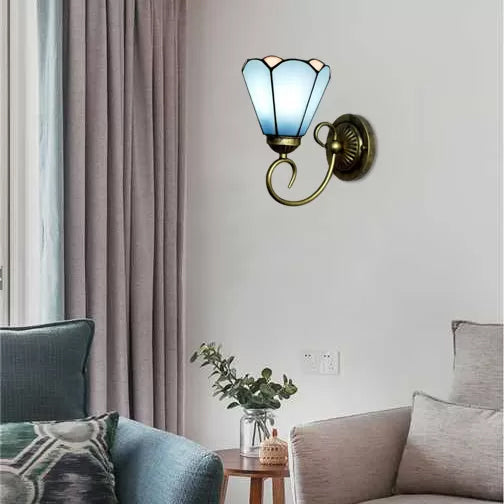 Mini Sconce Light Tiffany Style Stained Glass Single Light Wall Mount Light for Bedroom Blue Cone Clearhalo 'Industrial' 'Middle century wall lights' 'Tiffany wall lights' 'Tiffany' 'Wall Lamps & Sconces' 'Wall Lights' Lighting' 6135
