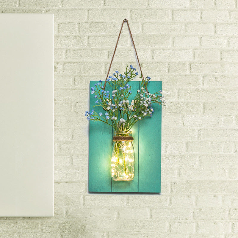 Floral String Light with Blue Wood Backplate Modern Glass Jar Wall Light for Cafe Restaurant Clearhalo 'Wall Lamps & Sconces' 'Wall Lights' Lighting' 613553