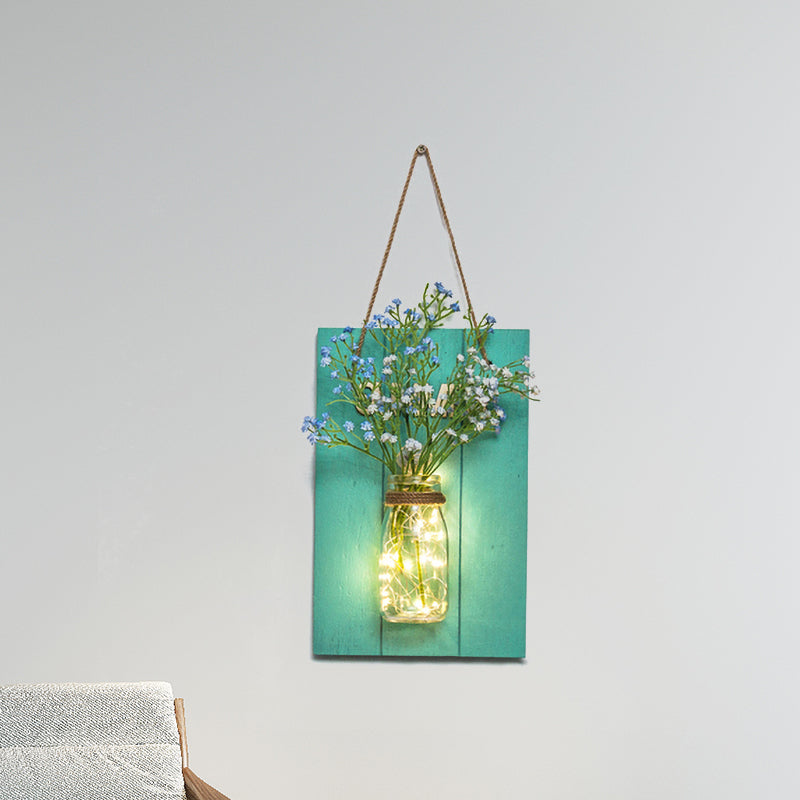 Floral String Light with Blue Wood Backplate Modern Glass Jar Wall Light for Cafe Restaurant Clearhalo 'Wall Lamps & Sconces' 'Wall Lights' Lighting' 613554