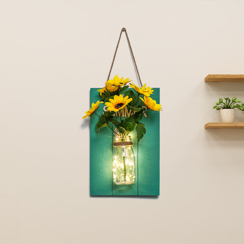 Floral String Light with Blue Wood Backplate Modern Glass Jar Wall Light for Cafe Restaurant Clearhalo 'Wall Lamps & Sconces' 'Wall Lights' Lighting' 613559