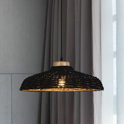Beige/Black Barn Shade Pendant Lamp Asian Style 1 Light Rattan Height Adjustable Hanging Ceiling Light, 12.5"/18" W Black Clearhalo 'Ceiling Lights' 'Pendant Lights' 'Pendants' Lighting' 613608_c9210897-a608-445a-b8a5-b8543e2d7a91