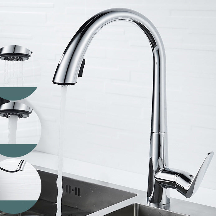 Contemporary Pull Down Kitchen Standard Faucet Single Handle Faucet with Pull Out Sprayer Silver Clearhalo 'Home Improvement' 'home_improvement' 'home_improvement_kitchen_faucets' 'Kitchen Faucets' 'Kitchen Remodel & Kitchen Fixtures' 'Kitchen Sinks & Faucet Components' 'kitchen_faucets' 6136852