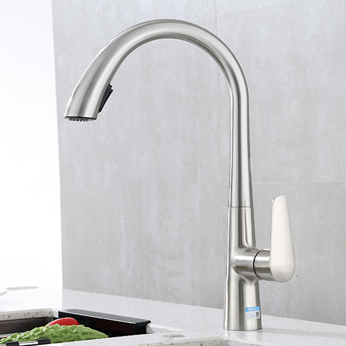 Modern Bar Faucet Brass Pulldown Sprayer Swivel Spout Lever Handles Kitchen Faucet Chrome Clearhalo 'Home Improvement' 'home_improvement' 'home_improvement_kitchen_faucets' 'Kitchen Faucets' 'Kitchen Remodel & Kitchen Fixtures' 'Kitchen Sinks & Faucet Components' 'kitchen_faucets' 6136917
