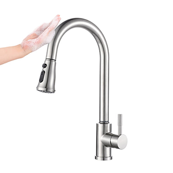 Modern 1-Handle Faucets Stainless Steel Gooseneck with Pull Out Sprayer Faucets Clearhalo 'Home Improvement' 'home_improvement' 'home_improvement_kitchen_faucets' 'Kitchen Faucets' 'Kitchen Remodel & Kitchen Fixtures' 'Kitchen Sinks & Faucet Components' 'kitchen_faucets' 6136944