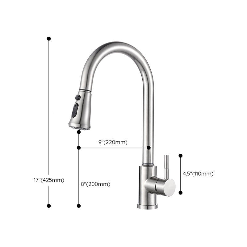 Modern 1-Handle Faucets Stainless Steel Gooseneck with Pull Out Sprayer Faucets Clearhalo 'Home Improvement' 'home_improvement' 'home_improvement_kitchen_faucets' 'Kitchen Faucets' 'Kitchen Remodel & Kitchen Fixtures' 'Kitchen Sinks & Faucet Components' 'kitchen_faucets' 6136964