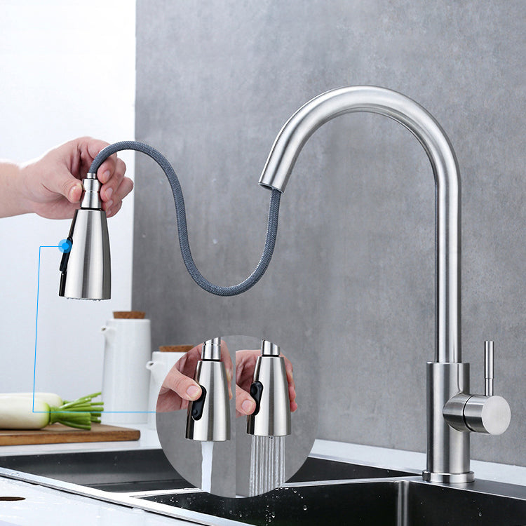 Modern Style Kitchen Faucet Stainless Steel 1-Handle Retractable Kitchen Faucet Clearhalo 'Home Improvement' 'home_improvement' 'home_improvement_kitchen_faucets' 'Kitchen Faucets' 'Kitchen Remodel & Kitchen Fixtures' 'Kitchen Sinks & Faucet Components' 'kitchen_faucets' 6137024