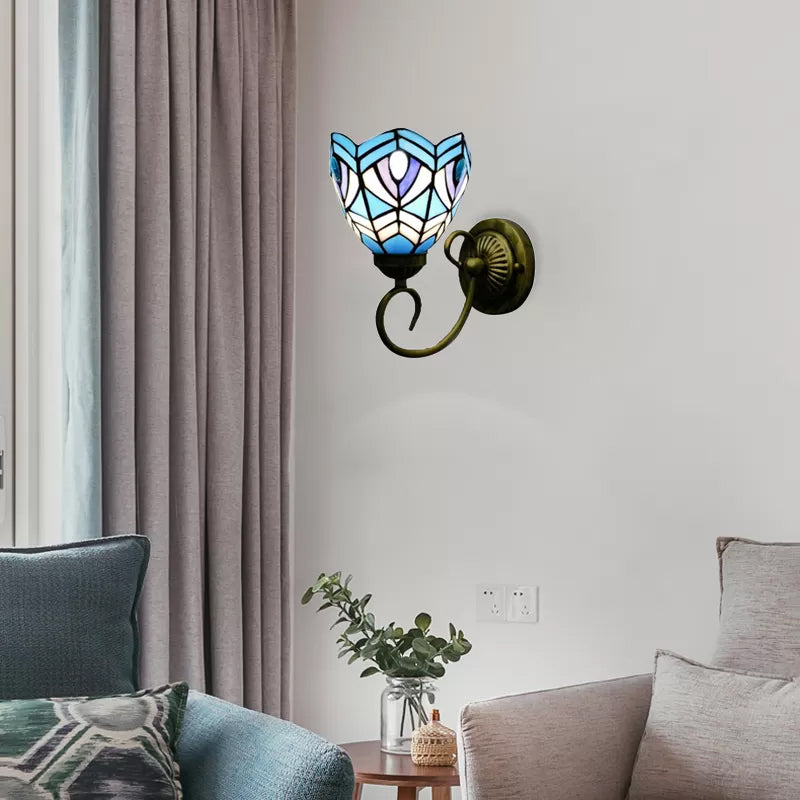 Mini Sconce Light Tiffany Style Stained Glass Single Light Wall Mount Light for Bedroom Blue Bowl Clearhalo 'Industrial' 'Middle century wall lights' 'Tiffany wall lights' 'Tiffany' 'Wall Lamps & Sconces' 'Wall Lights' Lighting' 6138