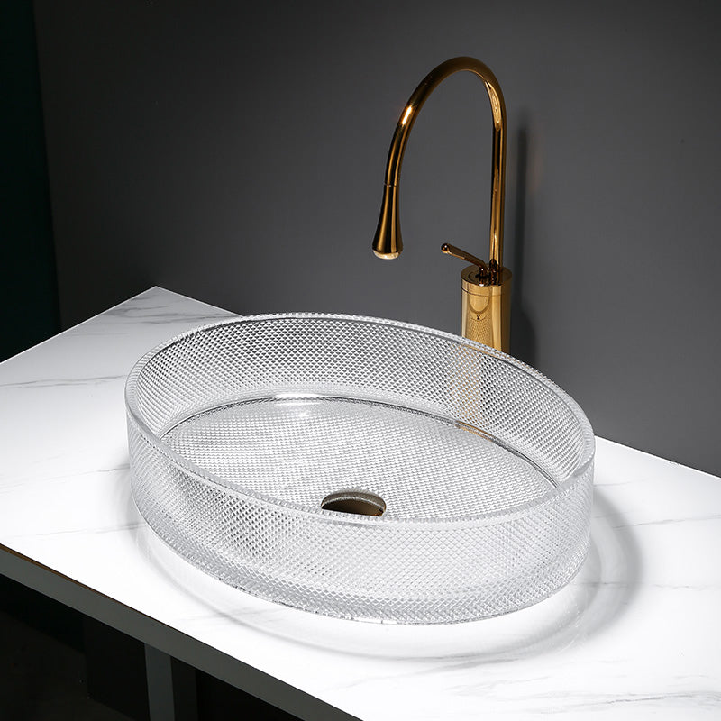 Modern Clear Wash Stand Glass Trough Bathroom Sink for Bathroom Sink with Faucet Oval Gold Clearhalo 'Bathroom Remodel & Bathroom Fixtures' 'Bathroom Sinks & Faucet Components' 'Bathroom Sinks' 'bathroom_sink' 'Home Improvement' 'home_improvement' 'home_improvement_bathroom_sink' 6149841
