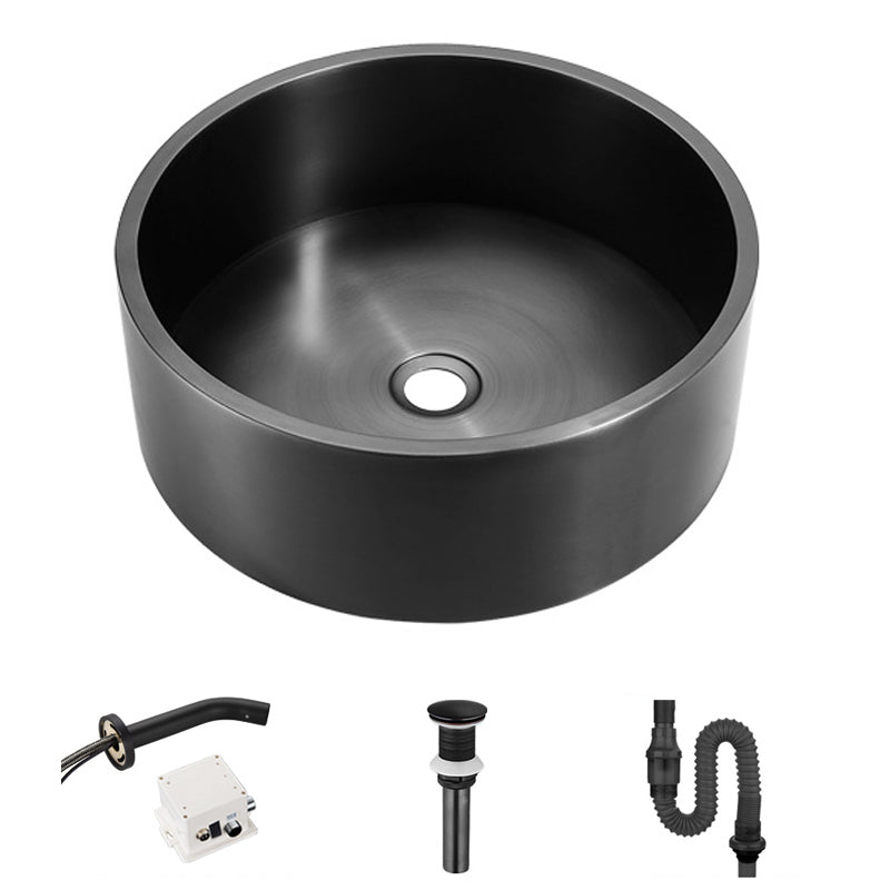 Modern Stainless Steel Wash Stand Round Trough Sink for Bathroom Black Wall Mounted Faucet Sink with Faucet Clearhalo 'Bathroom Remodel & Bathroom Fixtures' 'Bathroom Sinks & Faucet Components' 'Bathroom Sinks' 'bathroom_sink' 'Home Improvement' 'home_improvement' 'home_improvement_bathroom_sink' 6149888