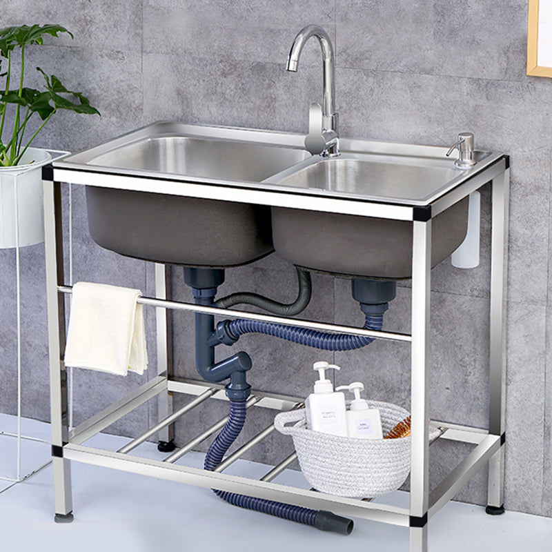2-Bowl Sink Stainless Steel Kitchen Sink with Drain Assembly and Base Clearhalo 'Home Improvement' 'home_improvement' 'home_improvement_kitchen_sinks' 'Kitchen Remodel & Kitchen Fixtures' 'Kitchen Sinks & Faucet Components' 'Kitchen Sinks' 'kitchen_sinks' 6150010