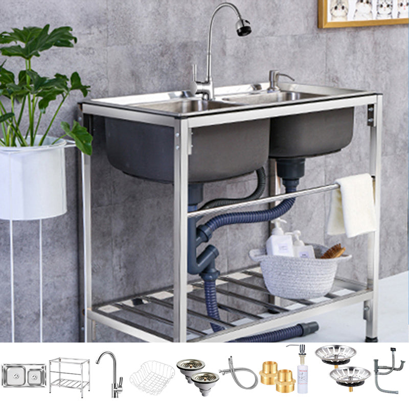 2-Bowl Sink Stainless Steel Kitchen Sink with Drain Assembly and Base Sink with Faucet Pull Out Faucet Clearhalo 'Home Improvement' 'home_improvement' 'home_improvement_kitchen_sinks' 'Kitchen Remodel & Kitchen Fixtures' 'Kitchen Sinks & Faucet Components' 'Kitchen Sinks' 'kitchen_sinks' 6150012