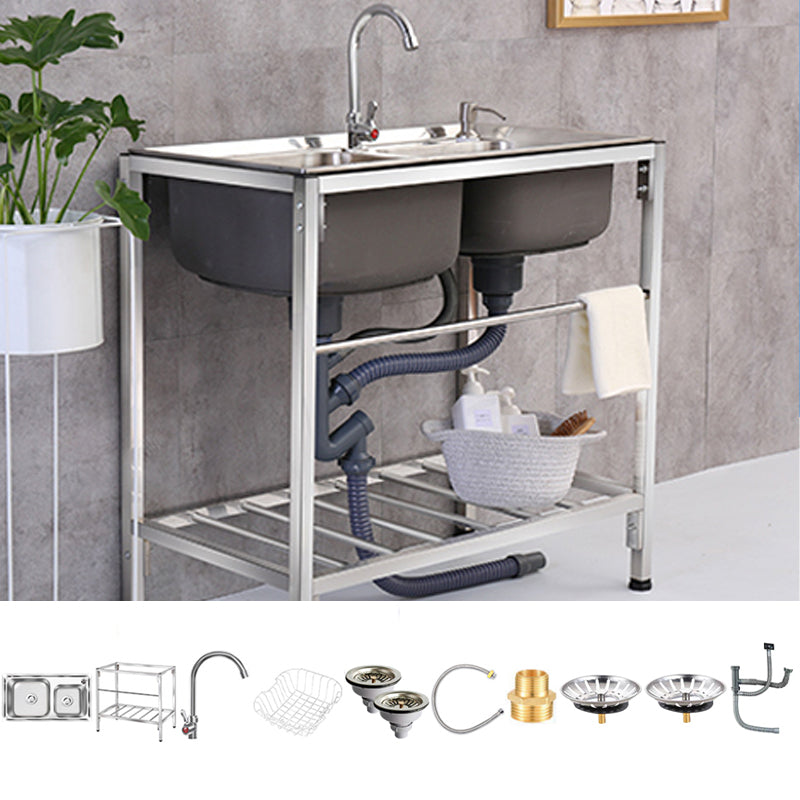 2-Bowl Sink Stainless Steel Kitchen Sink with Drain Assembly and Base Sink with Faucet Cold Brake Faucet Clearhalo 'Home Improvement' 'home_improvement' 'home_improvement_kitchen_sinks' 'Kitchen Remodel & Kitchen Fixtures' 'Kitchen Sinks & Faucet Components' 'Kitchen Sinks' 'kitchen_sinks' 6150014