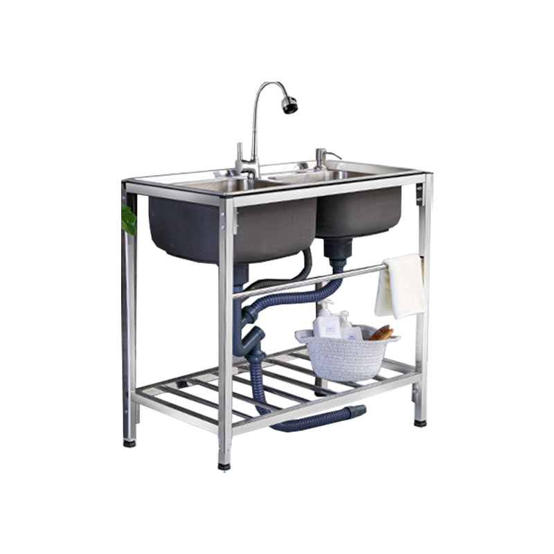 2-Bowl Sink Stainless Steel Kitchen Sink with Drain Assembly and Base Clearhalo 'Home Improvement' 'home_improvement' 'home_improvement_kitchen_sinks' 'Kitchen Remodel & Kitchen Fixtures' 'Kitchen Sinks & Faucet Components' 'Kitchen Sinks' 'kitchen_sinks' 6150022